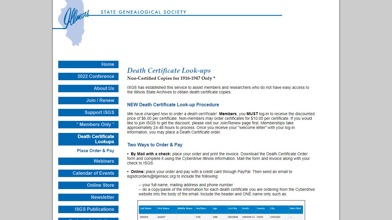 Illinois State Genealogical Society - Death Certificate Lookups